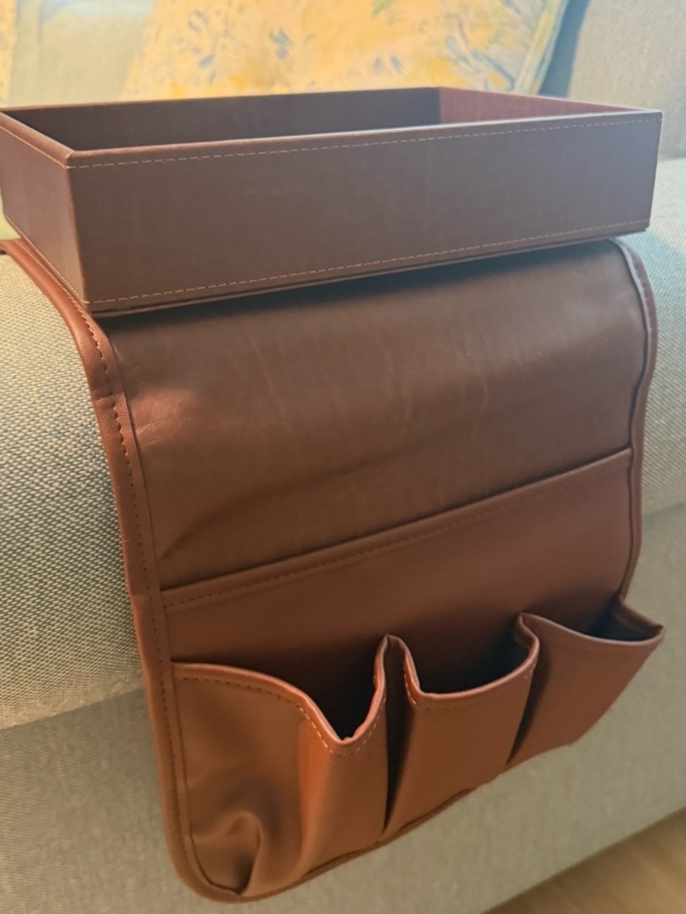 Brown PU Leather Couch Arm Organizer with Tray & 3 Pockets